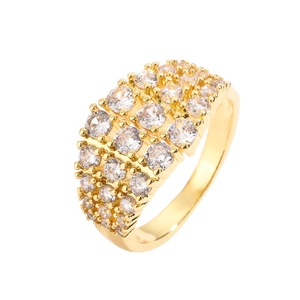Elegant gold-plated geometric wide ring with multi-row cubic zirconia on white background