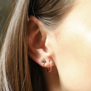S925 silver needle mushroom stud and pink gemstone hoop earrings on model ear