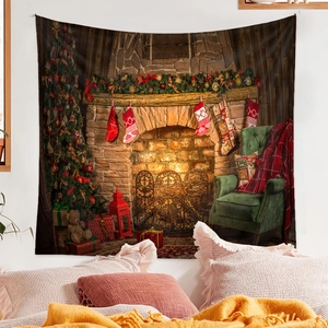 Cozy Christmas tree tapestry hanging above a bed with fireplace and gift patterns