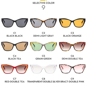 Matrix view showing nine color options for stylish cat-eye sunglasses with gradient lenses