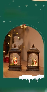 Detail of vintage Christmas lanterns featuring Santa and snowman with snowy light effect