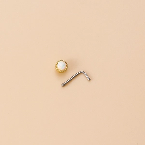 Minimalist 20G stainless steel L-shaped nose stud with a 3mm white opal stone inlay