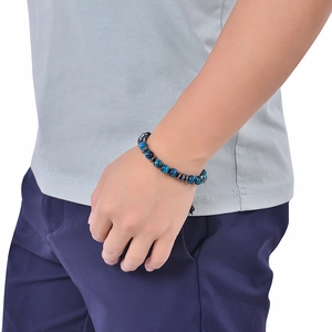 Men's blue tiger eye and magnetic bead Morse code bracelet worn on a wrist