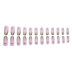 Rosa French Press-on-Nägel mit grünen Punkten und Glanz-Finish, 24-teiliges Set
