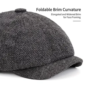 Dark grey herringbone newsboy hat for men with a foldable widened and lengthened brim