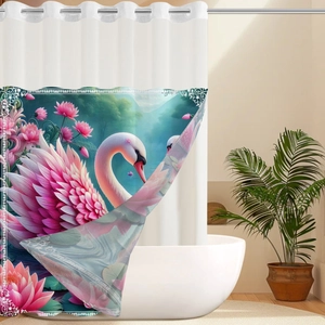 Detail of waterproof swan print shower curtain with built-in rings in bathroom setting