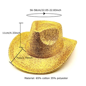 Sparkling gold western cowboy hat with detailed size and material specifications