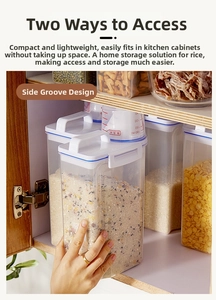 Kitchen food storage container with measurement cup and easy-grip grooved handle design