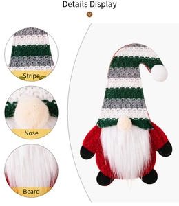 Detailed view of Christmas gnome silverware holder showing striped fabric and faux fur beard
