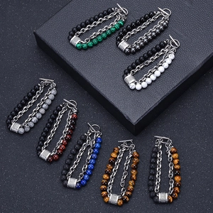 Double-layer men's bracelet with natural volcanic stone, magnetic beads and stainless steel