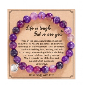 Handmade purple natural stone beaded bracelet with heart charm and gift card