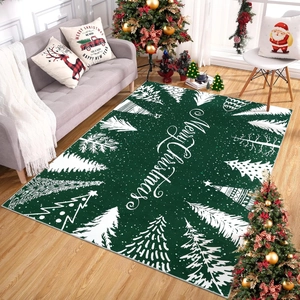 Detail view of green Christmas carpet with Merry Christmas text and white tree patterns