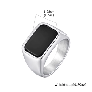 Detail showing 1.28cm width and 11g weight of men's brushed stainless steel ring