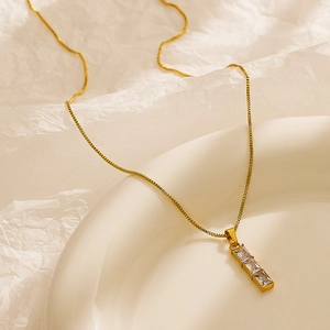 Titanium steel bamboo box chain necklace with gold rectangle zircon pendant for women