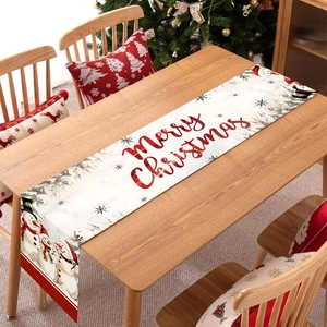 Christmas snowman table runner with Merry Christmas print on wooden dining table decor
