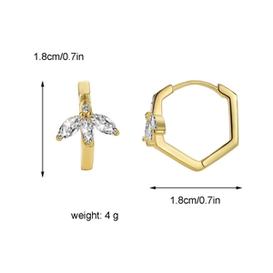 Elegant 18k gold plated leaf earrings with zircon crystals, 1.8cm geometric hoop design
