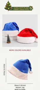 Detail showing dimensions of red and blue plush Christmas hats with soft white fur trim