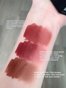 Swatches of velvet matte lip glaze in shades 828, 829, and 830 on a model's arm