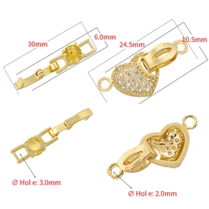 Gold folding jewelry clasps with heart design and crystal accents for DIY necklaces