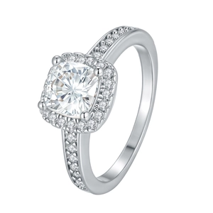 Square cut moissanite ring with halo and side stones in platinum plated silver finish