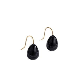 Minimalist black teardrop earrings with gold hooks made of polished stainless steel