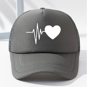 Detail of dark grey trucker hat with white heartbeat heart print and breathable mesh back