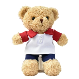Classic plush teddy bear toy doll wearing a cute red and white polo shirt with navy shorts