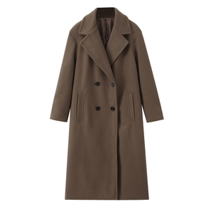 Detail of deep brown double-breasted wool coat with lapel collar and soft texture