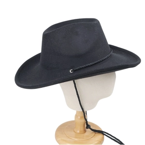 Detail of black felt fedora hat featuring woven decorative cord and adjustable chin strap