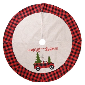 Linen Christmas tree skirt with buffalo plaid edge and red vintage truck design