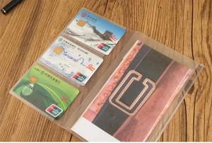 Close-up of clear PVC binder pocket with card slots for vintage travel notebook