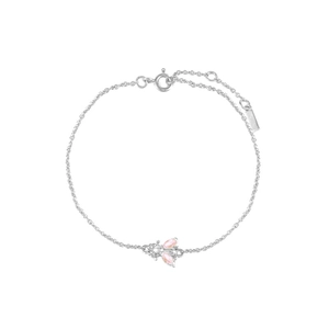 Detail of silver bee bracelet featuring pink marquise stones and adjustable chain clasp