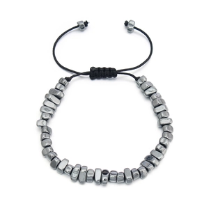 Handmade adjustable hematite beaded bracelet with black woven cord and metallic cubes