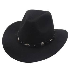 Detail of black felt cowboy hat featuring leather band with silver geometric metal studs