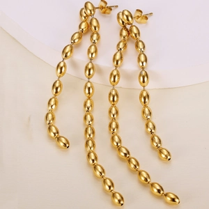 Long Tassel Stud Earrings Titanium Steel Gold Oval Rice Bead Chain Dangle Drop For Women Minimalist Fashion