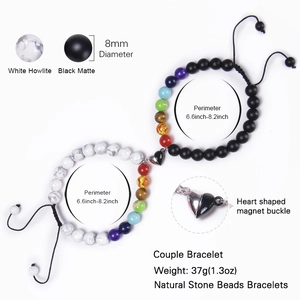 Matching magnetic heart couple bracelets with 8mm natural stone beads and matte finish