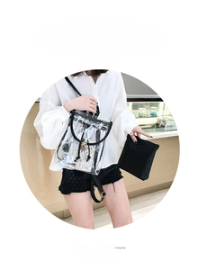 Detail view of transparent PVC jelly backpack with black leather trim and inner pouch
