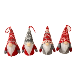 Set of 4 glowing Christmas gnomes with knitted hats and white faux fur beards hanging