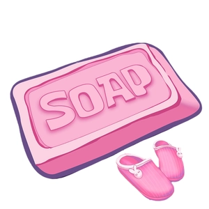 3D visual diatom mud bathroom mat with pink soap and rabbit slippers illustration