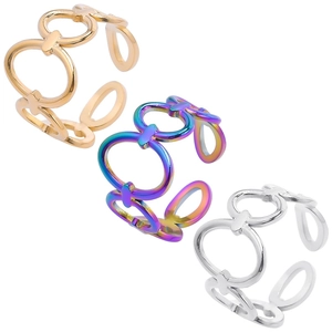 Stainless Steel Ring Hollow Chain Link Open Band Geometric Adjustable Punk Minimalist Jewelry For Women Men