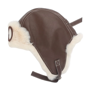 Detail of brown PU leather aviator hat showing fuzzy faux fur lining and ear flaps