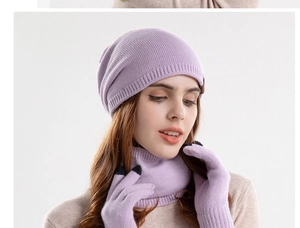 Close-up of lavender knit winter set including thermal beanie scarf and touch-screen gloves