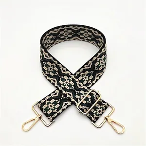 Detail of ethnic geometric woven strap with gold metal hooks and adjustable buckle