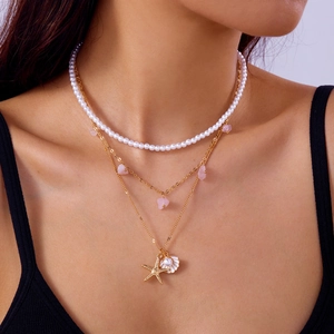 Starfish Shell Artificial Pearl Layered Necklace Gold Tone Alloy Beach Vacation Bohemian Style Jewelry For Women