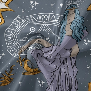 Macro detail showing woven texture and purple celestial tarot print on zodiac tapestry