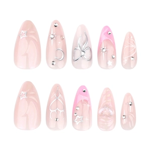 Pink almond fake nails with 3D bows, hearts and silver star patterns for women