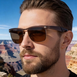 Detail of classic semi-rimless sunglasses with brown lenses and silver rivet accents