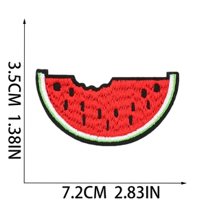 Macro detail of watermelon slice embroidery patch with size dimensions 7.2cm x 3.5cm