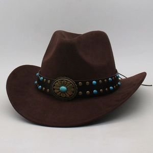 Chapeau de cow-boy en daim marron avec clous turquoise vintage et boucle fleurie en métal