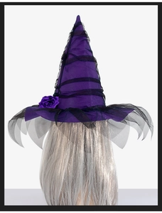 Detail of purple baroque witch hat with mesh veil and faux roses for Halloween cosplay